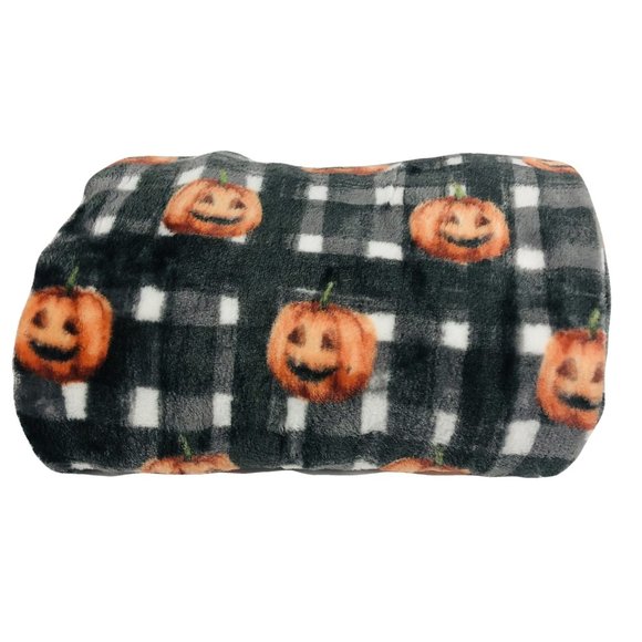 Halloween Plush Throw Blanket Black White Buffalo Check with Jack O Lanterns New - Picture 2 of 3